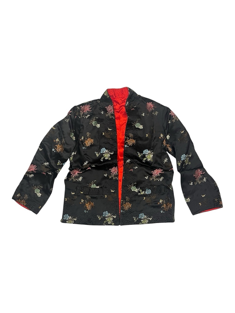 Vintage Reversible Black Floral and Red Satin Chinese Jacket